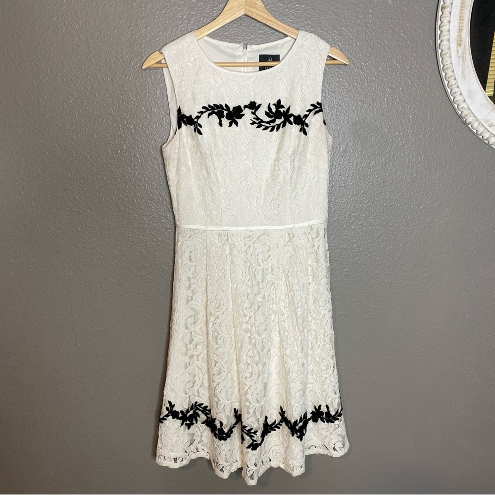 Adrianna Papell White Lace Midi Dress with Black Floral Design